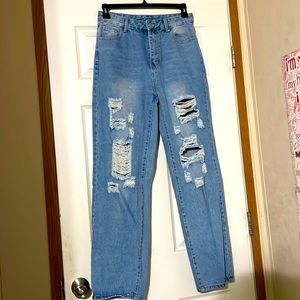 Womens Ripped Jeans Straight Leg High Waisted